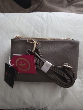 Taupe Double-Zip Crossbody Bag with Rose Gold Trim